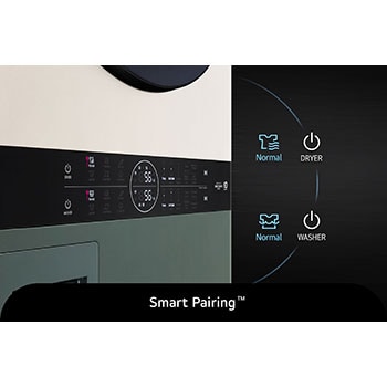 Primer plano de la función Smart Pairing™ de la LG WashTower® WK22GBS6E (verde/beige), que sincroniza automáticamente el ciclo de secado con el de lavado.