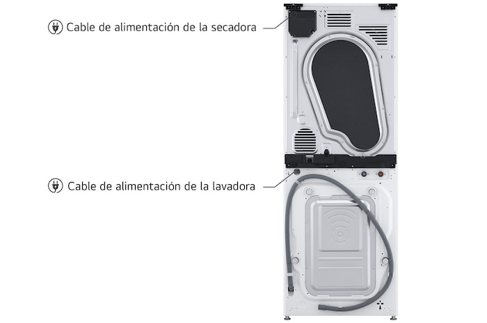Imagen de la LG WashTower™: Muestra el **cable de alimentación único** que simplifica la conexión de la lavadora y la secadora a la toma de corriente.