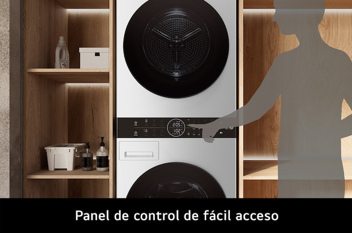 WashTower LG WK14WS6 destacando el **Panel de control central**: silueta de una persona operando cómodamente el control táctil iluminado ubicado en el centro.