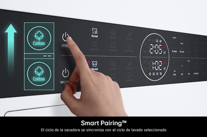 WashTower LG WK14WS6 con **Smart Pairing™**: el ciclo de la secadora se sincroniza automáticamente con el ciclo de lavado seleccionado para un secado óptimo.