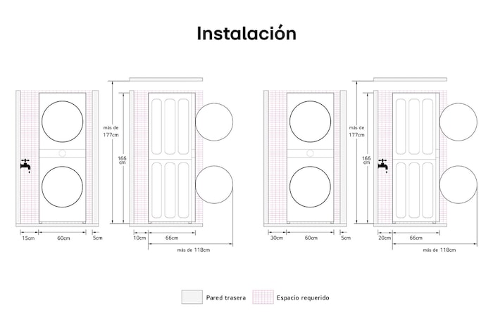 WashTower LG dibujo técnico: medidas de instalación (An 60 cm, Al 166 cm), mostrando espacio requerido trasero y lateral, y altura mínima de techo (> 177 cm).