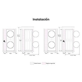 WashTower LG dibujo técnico: medidas de instalación (An 60 cm, Al 166 cm), mostrando espacio requerido trasero y lateral, y altura mínima de techo (> 177 cm).