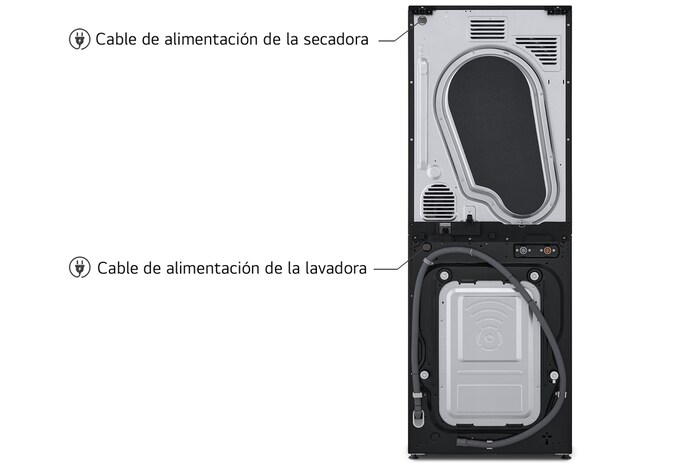 Imagen de la LG WashTower™ indicando los requisitos de alimentación. Un solo cable de alimentación suministra energía tanto a la lavadora como a la secadora, requiriendo un solo tomacorriente.