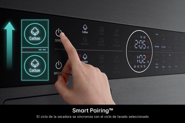 Ilustración de la función Smart Pairing™ de la LG WashTower™. Después de seleccionar un ciclo de lavado, la lavadora selecciona automáticamente el ciclo de secado óptimo a juego para la ropa.