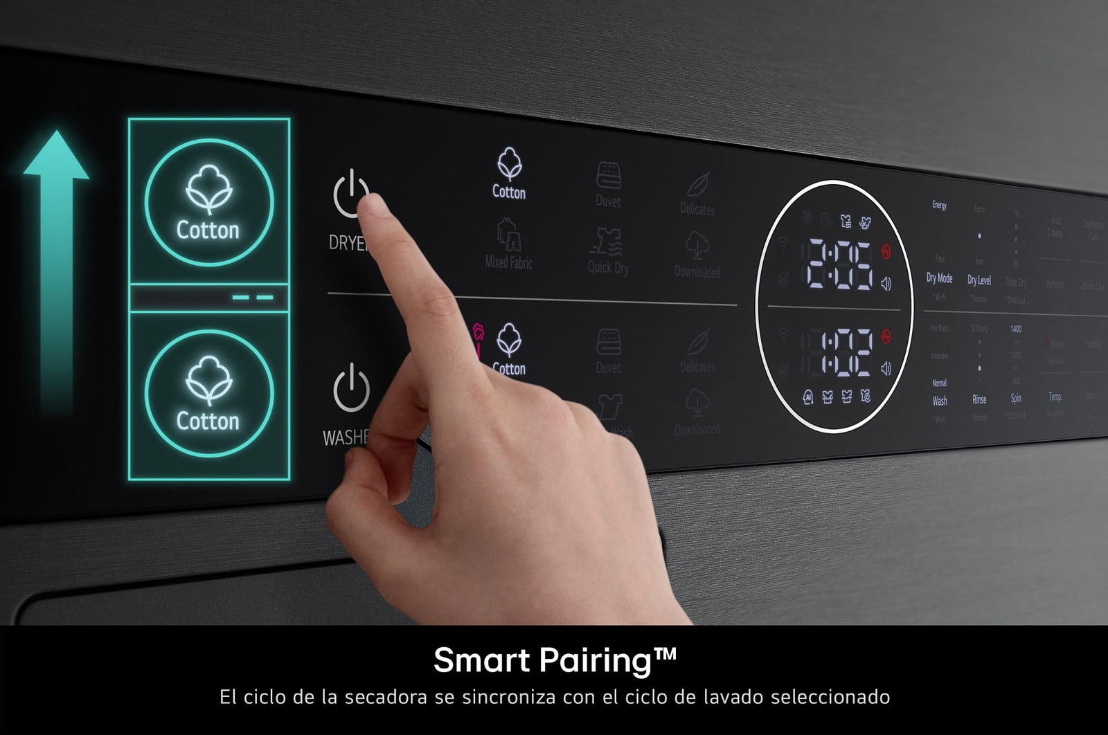 Ilustración de la función Smart Pairing™ de la LG WashTower™. Después de seleccionar un ciclo de lavado, la lavadora selecciona automáticamente el ciclo de secado óptimo a juego para la ropa.