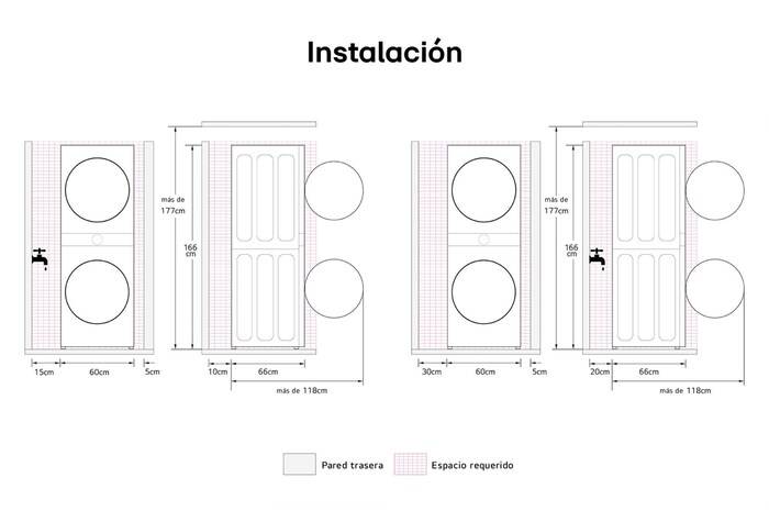 Dibujo técnico de la LG WashTower™ que muestra las dimensiones detalladas de la instalación, incluyendo los espacios libres requeridos alrededor de la unidad (por ejemplo, 25,4 mm para los laterales).