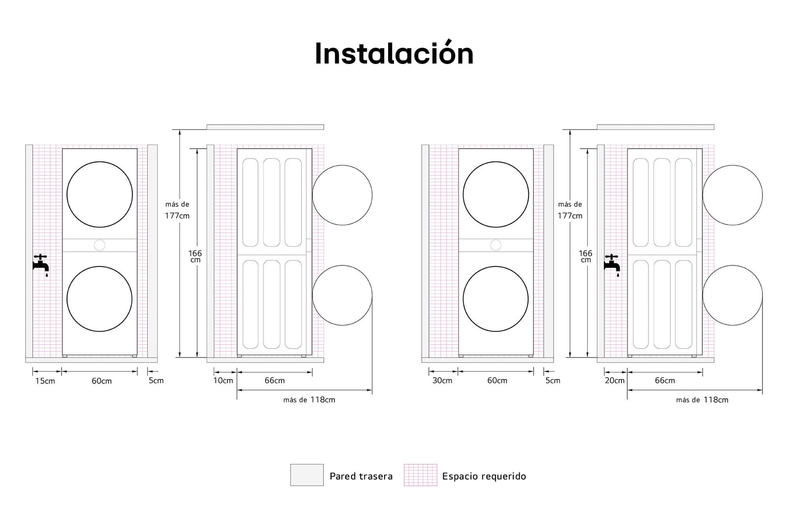 Dibujo técnico de la LG WashTower™ que muestra las dimensiones detalladas de la instalación, incluyendo los espacios libres requeridos alrededor de la unidad (por ejemplo, 25,4 mm para los laterales).