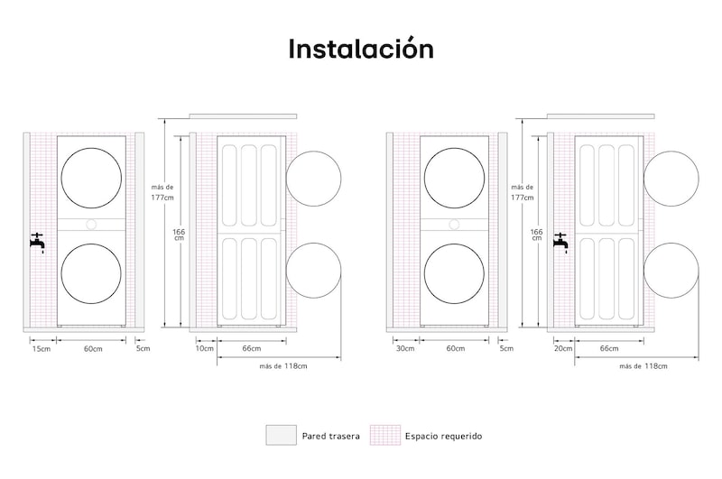 Dibujo técnico de la LG WashTower™ que muestra las dimensiones detalladas de la instalación, incluyendo los espacios libres requeridos alrededor de la unidad (por ejemplo, 25,4 mm para los laterales).