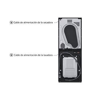 Imagen de la LG WashTower™ indicando los requisitos de alimentación. Un solo cable de alimentación suministra energía tanto a la lavadora como a la secadora, requiriendo un solo tomacorriente.