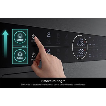 Ilustración de la función Smart Pairing™ de la LG WashTower™. Después de seleccionar un ciclo de lavado, la lavadora selecciona automáticamente el ciclo de secado óptimo a juego para la ropa.