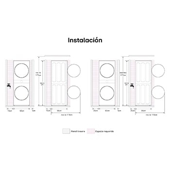 Dibujo técnico de la LG WashTower™ que muestra las dimensiones detalladas de la instalación, incluyendo los espacios libres requeridos alrededor de la unidad (por ejemplo, 25,4 mm para los laterales).