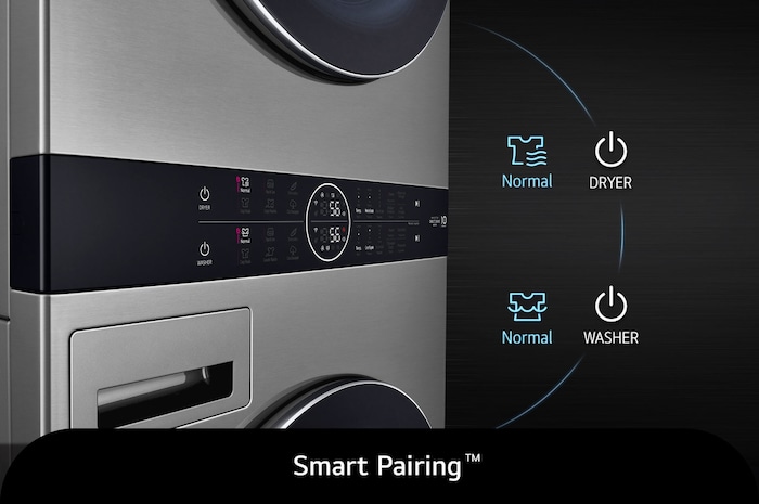 Primer plano de la función Smart Pairing™ de la LG WashTower® WK22VKS6E, que sincroniza automáticamente el ciclo de secado con el ciclo de lavado seleccionado.