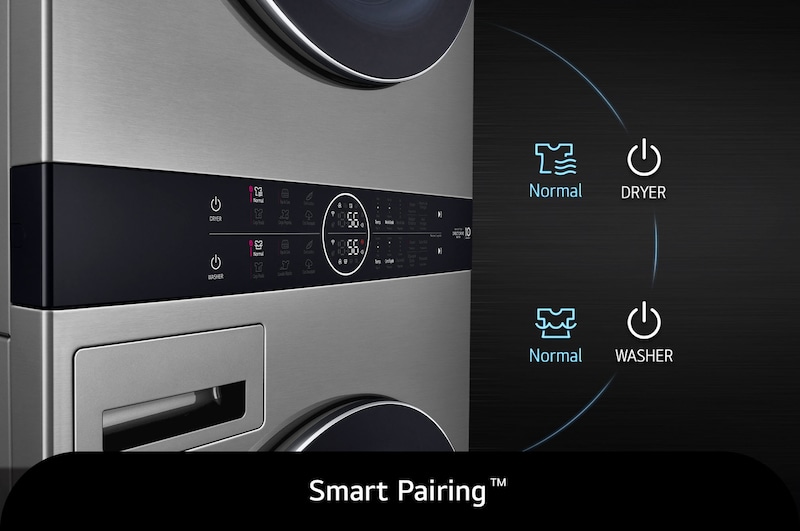 Primer plano de la función Smart Pairing™ de la LG WashTower® WK22VKS6E, que sincroniza automáticamente el ciclo de secado con el ciclo de lavado seleccionado.