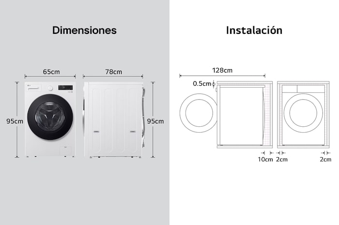 Lavadora de Carga Frontal LG dibujo técnico: medidas (Al 95 cm, An 65 cm, F 78 cm, puerta abierta 128 cm) y requisitos de instalación, incluyendo 2 cm de holgura lateral.