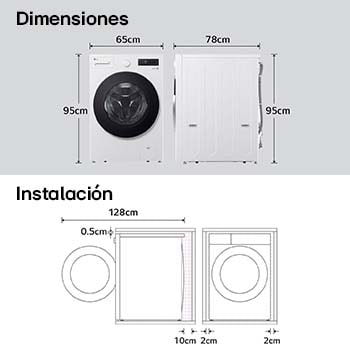 Lavadora de Carga Frontal LG dibujo técnico: medidas (Al 95 cm, An 65 cm, F 78 cm, puerta abierta 128 cm) y requisitos de instalación, incluyendo 2 cm de holgura lateral.