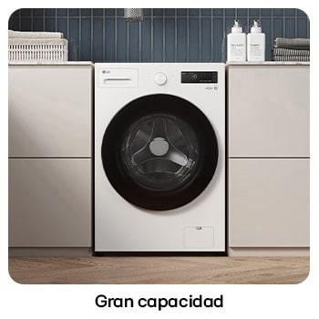 Lavadora de Carga Frontal LG WD20EWNTS6Pilustrando **Gran capacidad**: flechas visualizan el tambor interior espacioso, destacando la alta capacidad.