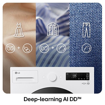 Lavadora LG WD20EWNTS6P con Deep-learning AI DD™: visualización de la IA que reconoce varios tipos de tejido (seda, algodón, mezclilla) para seleccionar el patrón de lavado más óptimo.
