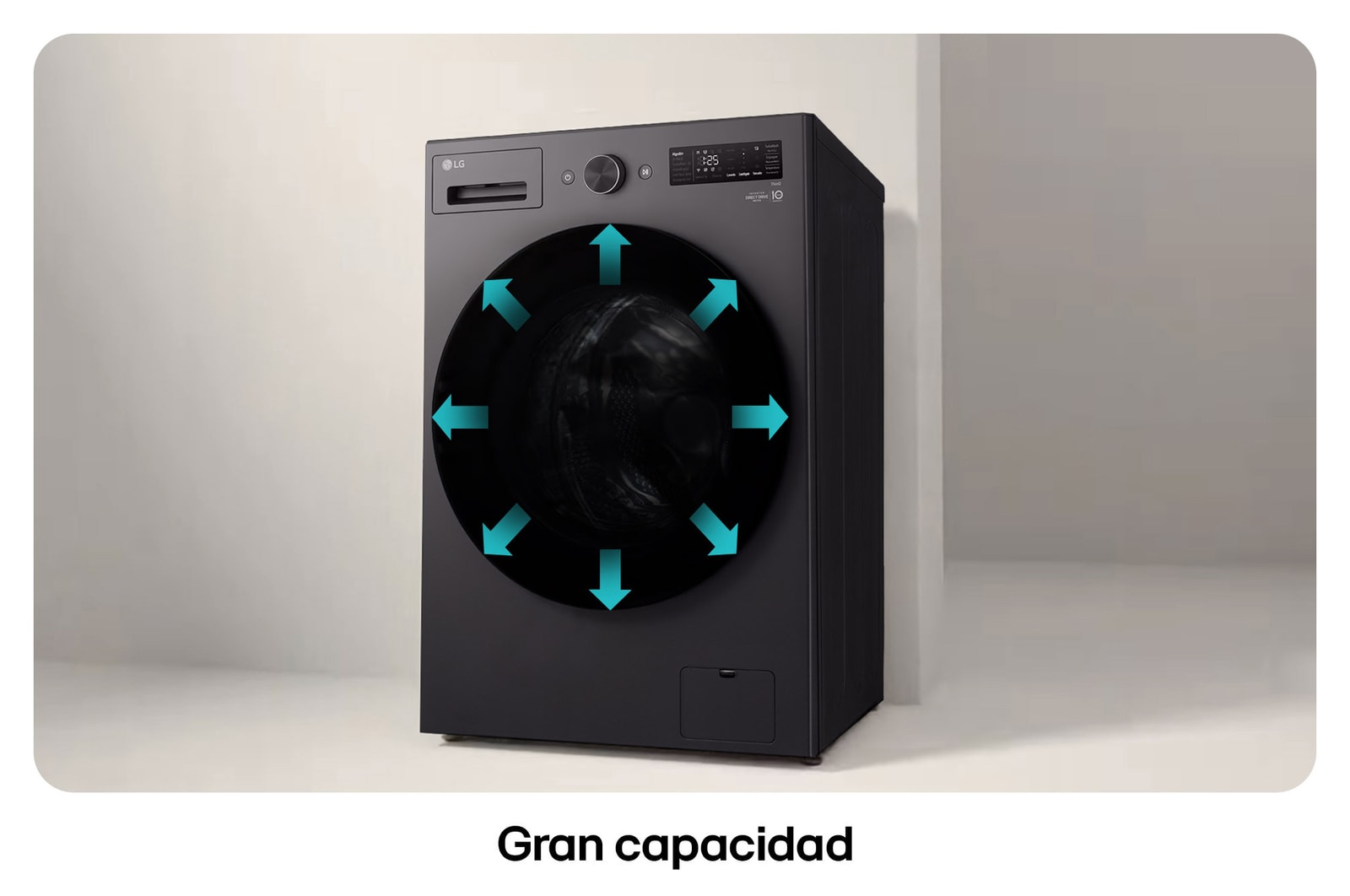 Lavasecadora LG WD16EGNTS6P ilustrando **Gran capacidad**: flechas visualizan el tambor interior espacioso, destacando la alta capacidad a pesar del diseño delgado.