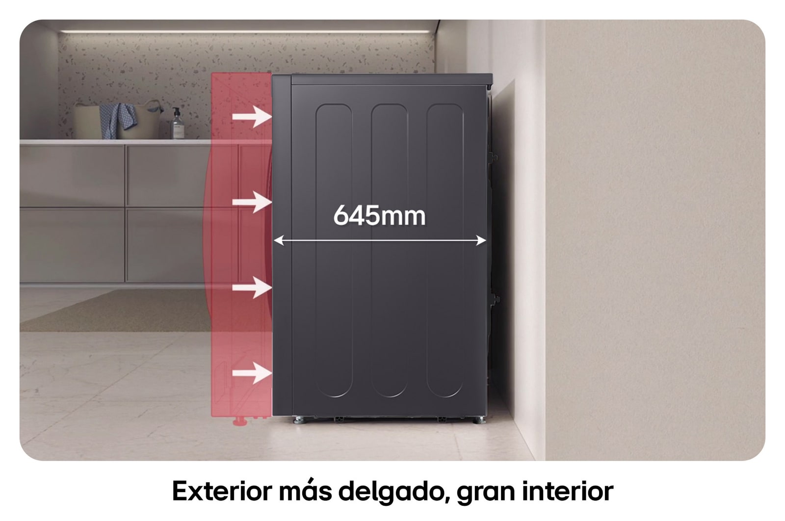 Lavasecadora LG WD16EGNTS6P ilustrando **diseño exterior más delgado** (645 mm de profundidad) con un interior grande, ideal para ahorrar espacio.