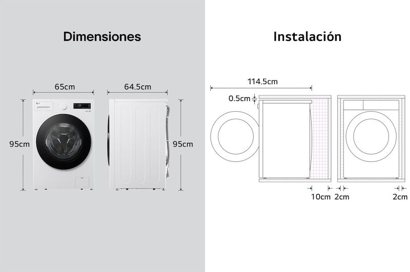 Lavadora de Carga Frontal LG dibujo técnico: medidas (Al 95 cm, An 65 cm, F 64,5 cm) y requisitos de instalación, incluyendo 2 cm de holgura lateral.