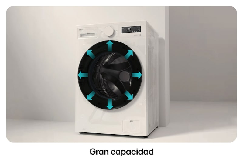 Lavadora de Carga Frontal LG ilustrando **Gran capacidad**: flechas visualizan el tambor interior espacioso, destacando la alta capacidad a pesar del diseño delgado.