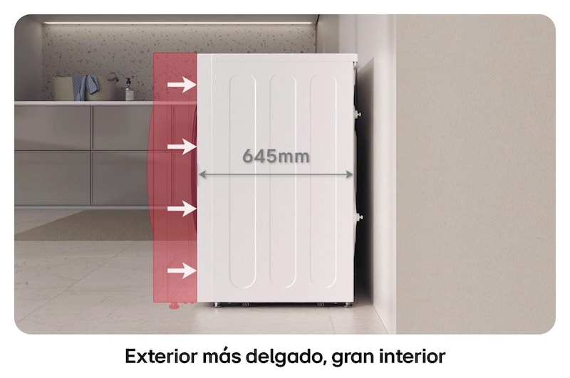 Lavadora de Carga Frontal LG ilustrando **diseño exterior más delgado** (645 mm de profundidad) con un interior grande, ideal para ahorrar espacio.