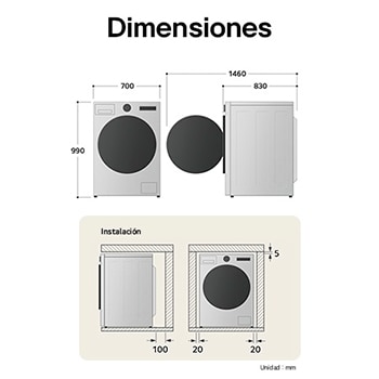 Dibujo técnico de lavadora LG: A 700, Al 990, F 830 mm (puerta abierta 1460 mm), incl. espacios de instalación.