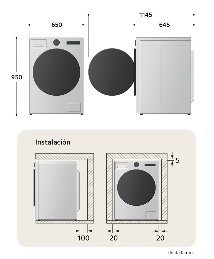 Lavadora de Carga Frontal LG dibujo técnico: medidas (Al 950, An 650, F 645 mm, puerta abierta 1145 mm) y requisitos de instalación, incluyendo 20 mm de holgura lateral.