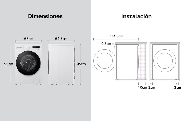 Lavadora de Carga Frontal LG dibujo técnico: medidas (Al 95 cm, An 65 cm, F 64,5 cm) y requisitos de instalación, incluyendo 2 cm de holgura lateral.