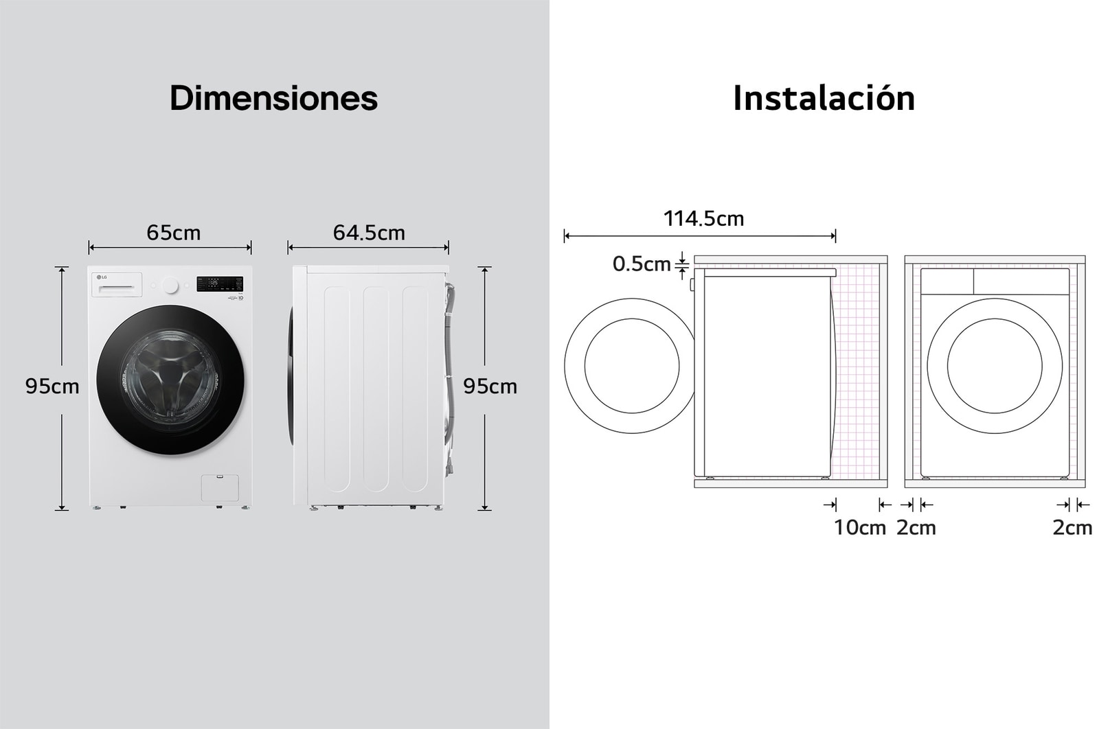 Lavadora de Carga Frontal LG dibujo técnico: medidas (Al 95 cm, An 65 cm, F 64,5 cm) y requisitos de instalación, incluyendo 2 cm de holgura lateral.