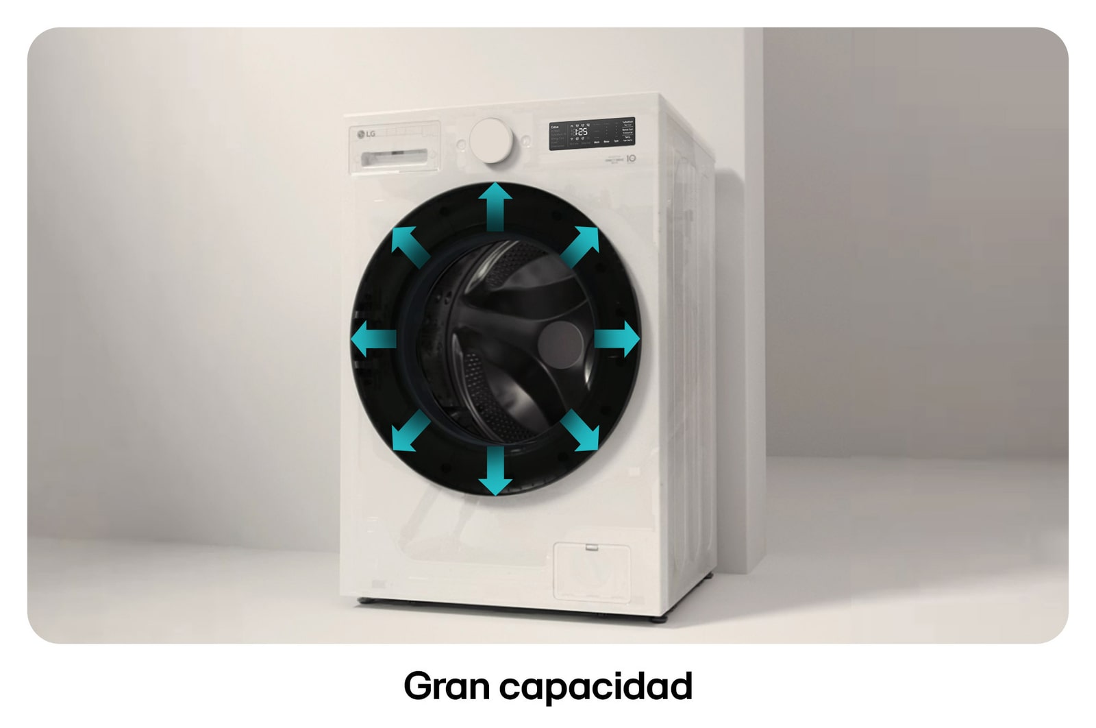 Lavadora de Carga Frontal LG ilustrando **Gran capacidad**: flechas visualizan el tambor interior espacioso, destacando la alta capacidad a pesar del diseño delgado.