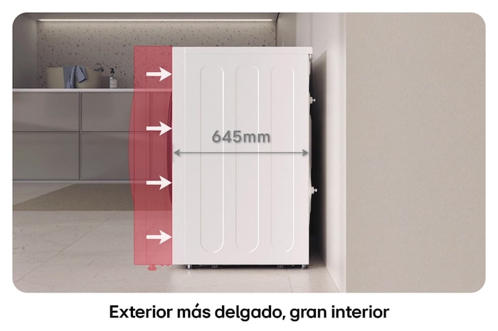 Lavadora de Carga Frontal LG ilustrando **diseño exterior más delgado** (645 mm de profundidad) con un interior grande, ideal para ahorrar espacio.