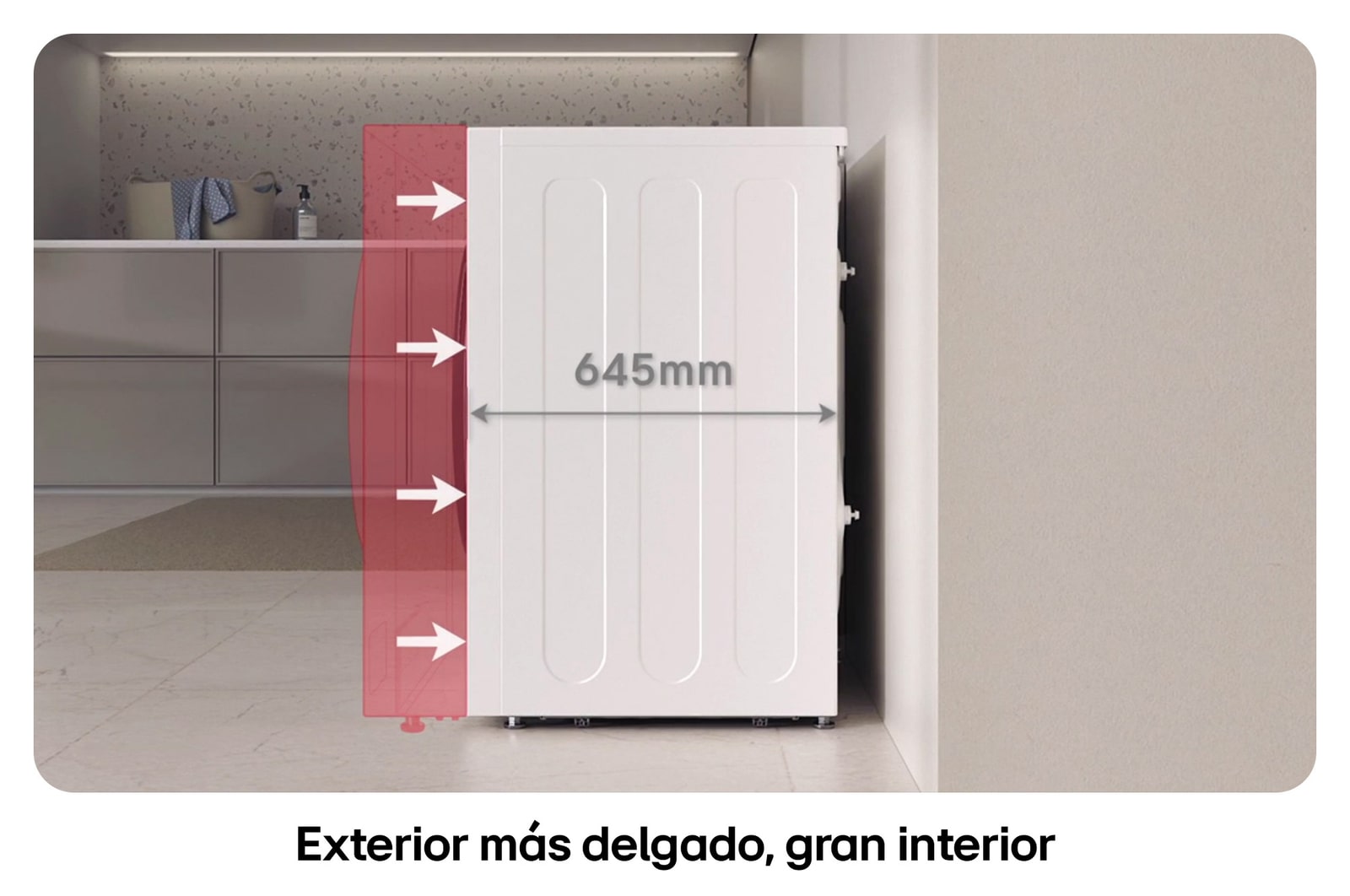 Lavadora de Carga Frontal LG ilustrando **diseño exterior más delgado** (645 mm de profundidad) con un interior grande, ideal para ahorrar espacio.
