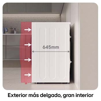 Lavadora de Carga Frontal LG ilustrando **diseño exterior más delgado** (645 mm de profundidad) con un interior grande, ideal para ahorrar espacio.