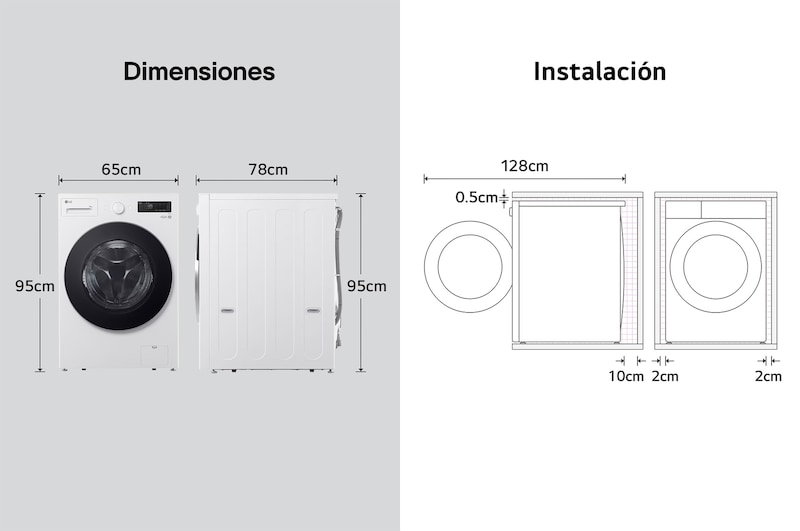 Lavadora de Carga Frontal LG dibujo técnico: medidas (Al 95 cm, An 65 cm, F 78 cm, puerta abierta 128 cm) y requisitos de instalación, incluyendo 2 cm de holgura lateral.