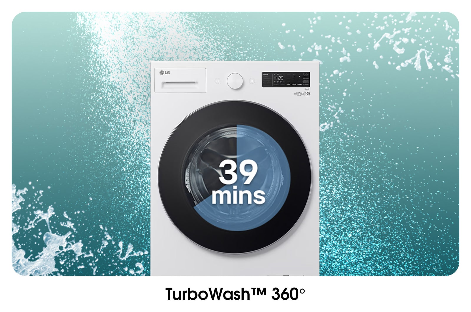 Lavadora LG WM20EWNTS6Pcon TurboWash™ 360°: visualización del ciclo de lavado rápido de 39 minutos con potentes chorros de agua.