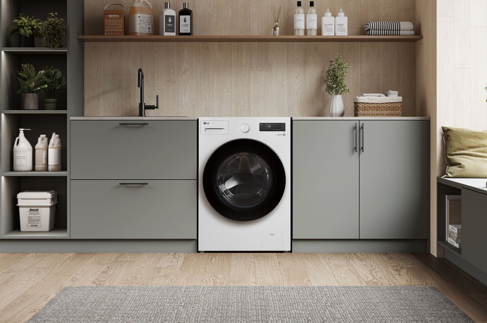 Lavadora de Carga Frontal LG WM20EWNTS6PGrafito Esencia, integrada en un moderno cuarto de lavado con gabinetes gris-beige y encimeras de madera.