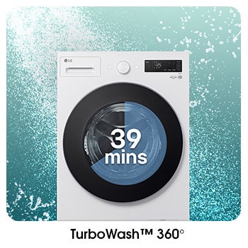 Lavadora LG WM20EWNTS6Pcon TurboWash™ 360°: visualización del ciclo de lavado rápido de 39 minutos con potentes chorros de agua.