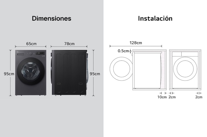 Lavadora de Carga Frontal LG dibujo técnico: medidas (Al 95 cm, An 65 cm, F 78 cm, puerta abierta 128 cm) y requisitos de instalación, incluyendo 2 cm de holgura lateral.