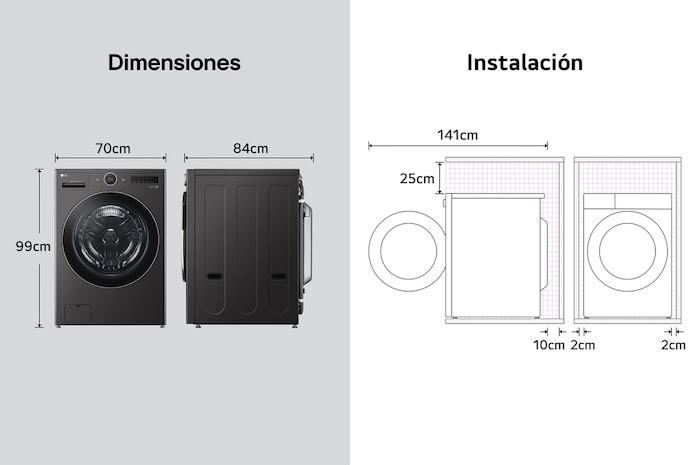 Lavasecadora LG dibujo técnico: medidas (Al 99 cm, An 70 cm, F 84 cm, puerta abierta 141 cm) y requisitos de instalación, incluyendo 2 cm de holgura lateral.