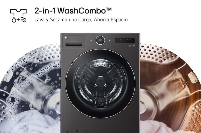 Lavasecadora LG WH25BFXS6B con 2-in-1 WashCombo™: visualización del proceso de lavado y secado combinados en una sola máquina para ahorrar espacio.
