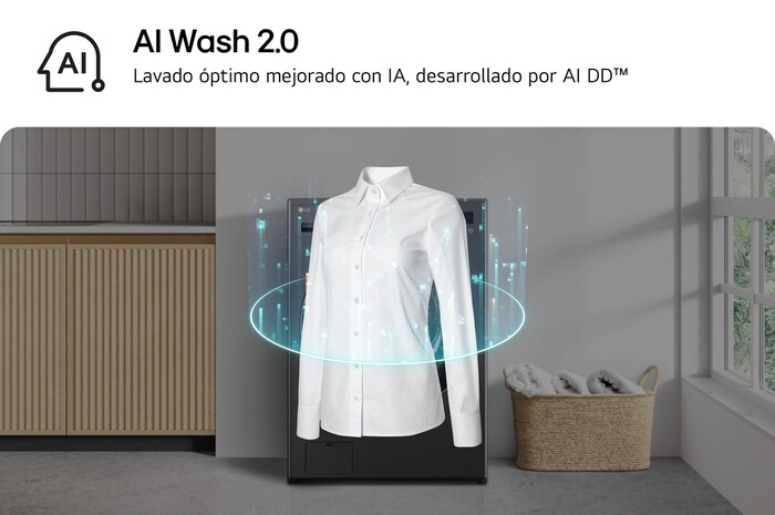 Lavasecadora LG WH25BFXS6B con AI Wash 2.0: visualización de la IA que detecta el tejido de una camisa para seleccionar el patrón de lavado óptimo y mejorado.