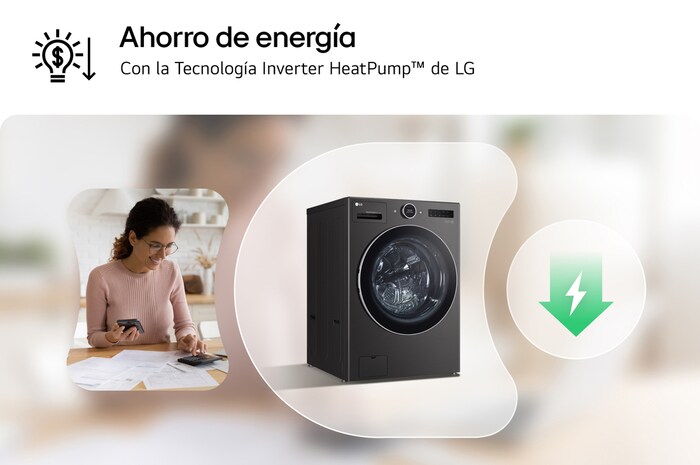 Lavasecadora LG WH25BFXS6B destacando el **Ahorro de energía** gracias a la **Tecnología Inverter HeatPump™** de LG.