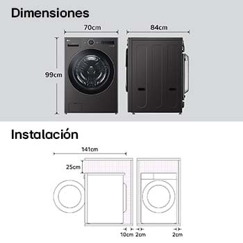 Lavasecadora LG dibujo técnico: medidas (Al 99 cm, An 70 cm, F 84 cm, puerta abierta 141 cm) y requisitos de instalación, incluyendo 2 cm de holgura lateral.