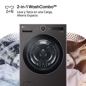 Lavasecadora LG WH25BFXS6B con 2-in-1 WashCombo™: visualización del proceso de lavado y secado combinados en una sola máquina para ahorrar espacio.