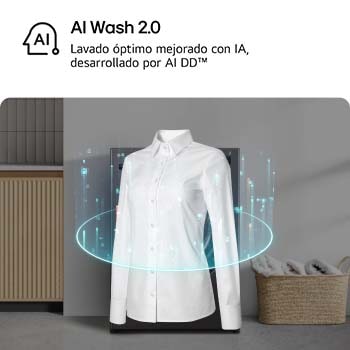 Lavasecadora LG WH25BFXS6B con AI Wash 2.0: visualización de la IA que detecta el tejido de una camisa para seleccionar el patrón de lavado óptimo y mejorado.