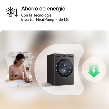 Lavasecadora LG WH25BFXS6B destacando el **Ahorro de energía** gracias a la **Tecnología Inverter HeatPump™** de LG.
