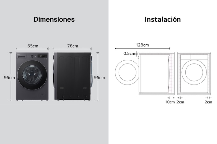 Lavadora de Carga Frontal LG dibujo técnico: medidas (Al 95 cm, An 65 cm, F 78 cm, puerta abierta 128 cm) y requisitos de instalación, incluyendo 2 cm de holgura lateral.