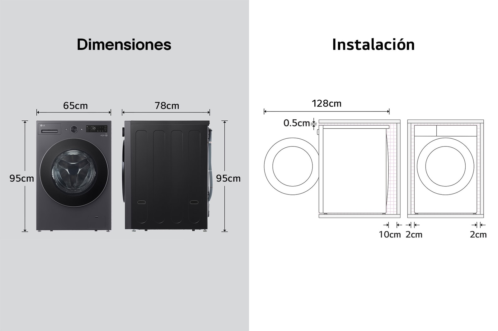 Lavadora de Carga Frontal LG dibujo técnico: medidas (Al 95 cm, An 65 cm, F 78 cm, puerta abierta 128 cm) y requisitos de instalación, incluyendo 2 cm de holgura lateral.