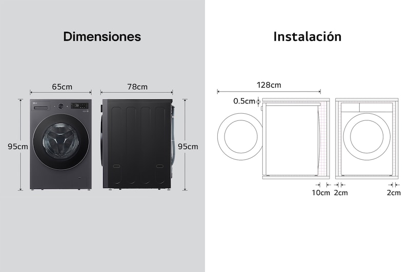 Lavadora de Carga Frontal LG dibujo técnico: medidas (Al 95 cm, An 65 cm, F 78 cm, puerta abierta 128 cm) y requisitos de instalación, incluyendo 2 cm de holgura lateral.